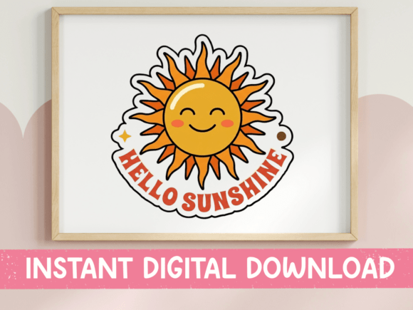 Hello Sunshine Retro Sun Sticker: Graphics & T-Shirt Designs