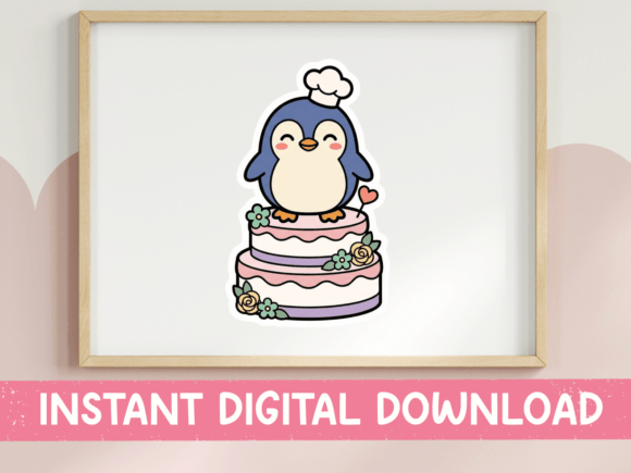 Kawaii Penguin Baker on Cake Sticker: A Perfect T-Shirt Designs Graphics