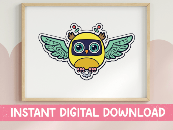 Kawaii Robot Owl Sticker: A Versatile T-Shirt Graphics Asset