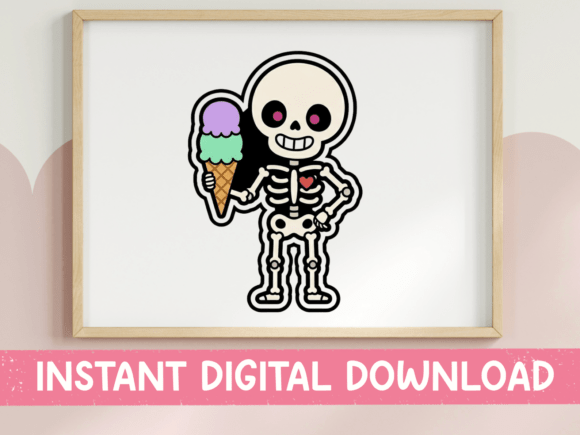 Skeleton Holding Ice Cream Sticker: A Charming T-Shirt Design Graphic