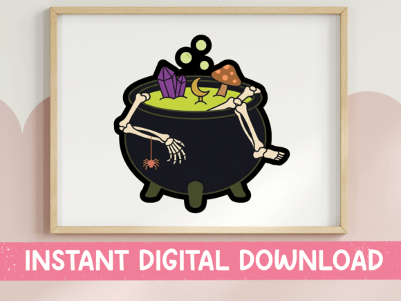 Skeleton in Cauldron Halloween Sticker: A Spooky Graphics Asset for T-Shirt Designs