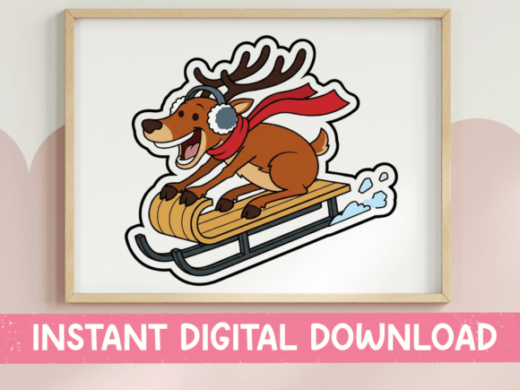 Sledding Reindeer Winter Sticker: A Charming Embroidery Design